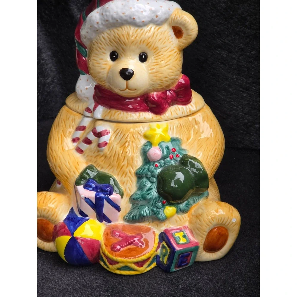 Vintage Christmas Teddy Bear Ceramic Cookie Jar Holiday Decor Santa Hat Toys